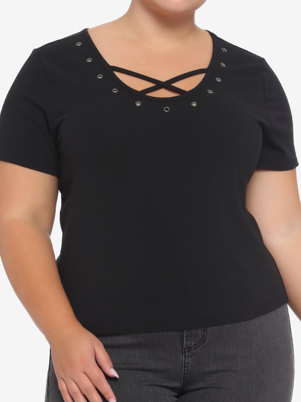 Black Grommet Crisscross Neck Tee | Plus Size 2X